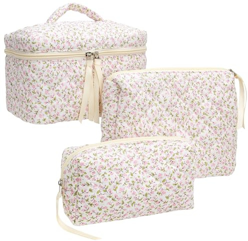 3PCS Makeup Bag SET Large Travel Quilted Zipper Soft Cosmetic Case Pouch for Women Girls Make Up,Floral Pink