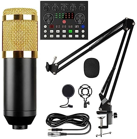 Kit completo de podcast, Kits de micrófono con tarjeta de sonido en vivo (opcional), brazo de tijera de suspensión, montaje de choque y filtro pop for grabación de estudio(Style B Gold)