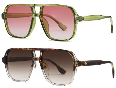 Long Keeper Retro pilotsolglasögon pilotglasögon män kvinnor fyrkantiga solglasögon stora 70-tals klassiska fyrkantiga pilot retroglasögon UV400, Grön/färggradient rosa + leopard/färgtoning brun, L
