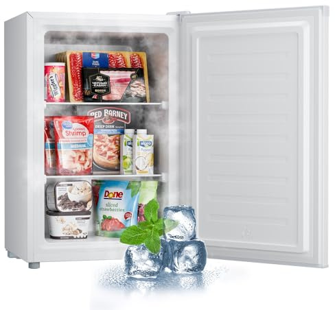 Upstreman 3.0 Cu.ft Small Mini Freezer Upright Freezer with Reversible Door, Fast Cooling, 5 Adjustable Thermostat, Stand Up Freezers with Ice Trays Defrosting Tools for Home, Dorm (White)