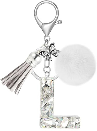 JSRQT Schlüsselanhänger Buchstaben Bling, Glitzernde Strass Alphabet Schlüsselanhänger für Auto Frauen, Schmetterlings Quasten Poms Anhänger, Mädchen Taschenanhänger