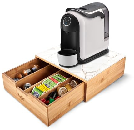 Avilia - Porta Cialde Caffè e Porta Capsule in Bambù con Ripiano in Vetro Marmorizzato Bianco, Organizer per Angolo Caffè e Tè 30x30x10cm, Elegante e Compatto per Casa e Ufficio