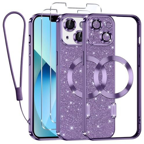 Tikfrlo Handykette für iPhone 13 Hülle mit MagSafe, Glitzer Magnetisch Handyhülle Stoßfeste Silikon TPU Schutzhülle Case für iPhone 13 mit 2 Stück Schutzfolie, Lila