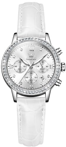 OLEVS Women Watch -Multifunctional Chronograph with 4 Subdials, Leather Strap, Diamond Roman Numerals,Date,Luminous,Waterproof - Elegant Dress Watch (H9933- White Leather Strap with All White dial)