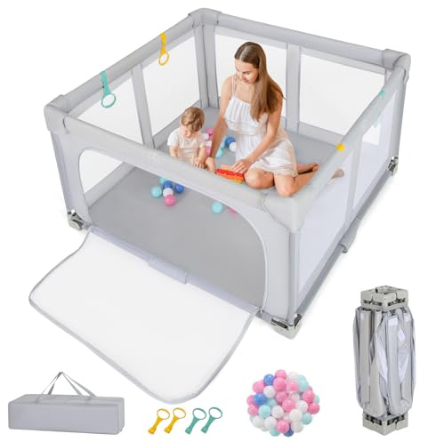 COSTWAY 127 x 127 cm Laufstall Baby faltbar, Laufgitter mit 50 Bälle, 4 Griffe & Reißverschlusstor, Krabbelgitter mit atmungsaktivem Netz & Tragetasche, Kinderzaun für indoor und outdoor (Grau)