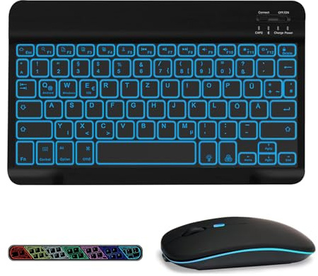 COEZFE Kabellose Bluetooth Tastatur & Maus mit Hintergrundbeleuchtung, Ultraflache drahtlose Tastatur (Deutsches QWERTZ) mit Maus für iPad/Samsung/Tablets & iOS Android Windows-Geräte, Schwarz