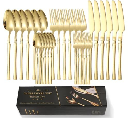 Elegant 30-Pieces Cutlery Set, Stainless Steel Flatware Set, Tableware Silverware Set - Fork, Knife and Spoon Set, Dishwasher Safe (Gold/950g and Compact) (30, Gold)