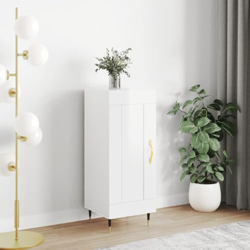 ULUYYUC Buffet Blanc Brillant 34,5x34x90 cm Bois d'ingénierie et Pieds métal, Meuble de Rangement Cuisine avec 3 Compartiments, Design Moderne pour Salle à Manger Salon Bureau Chambre