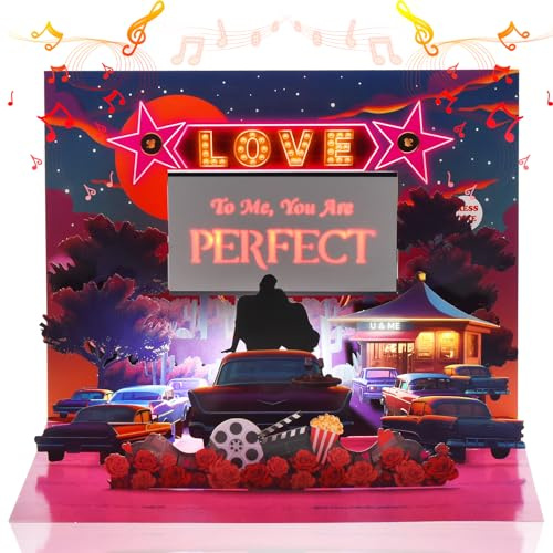Venhoo Valentine’s Day Card with Lights & Music, 3D Pop Up Musical Anniversary Card for Wife Husband Girlfriend Boyfriend, Romantic Drive-In Movie Theater Sweet Greeting Card for Couples