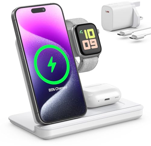 Foldable 3 in 1 Wireless Charging Station for Apple Devices White | Wireless Charger Stand with 20W PD Adapter for iPhone 17/16/15/14/13/12/11, Apple Watch & AirPods Charging Dock