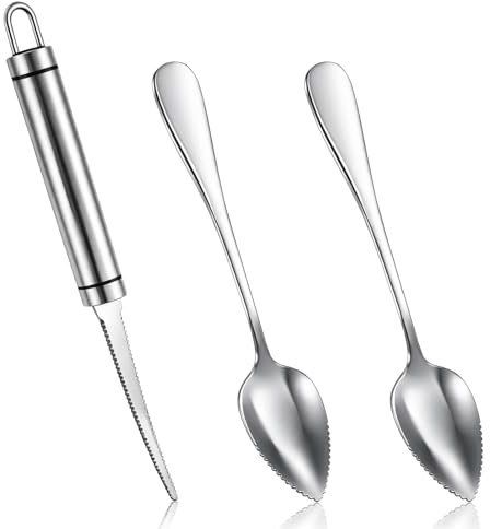 3PCS Grapefruit Spoon Knife Set with Serrated Edge, Stainless Steel Grapefruit Spoons, Ergonomic Handle Grapefruits Knife for Citrus Fruit, Lemon, Kiwi, Melon, Dragon Fruit, Apple, Avocado