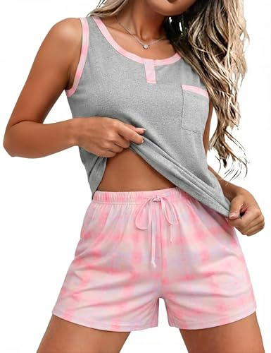 Jahetuul Pyjamas for Women UK Short Sleeve Summer Cotton Pjs Sets Faux Layered Top and Bottoms with Pockets Casual Soft Loungewear Nightwear