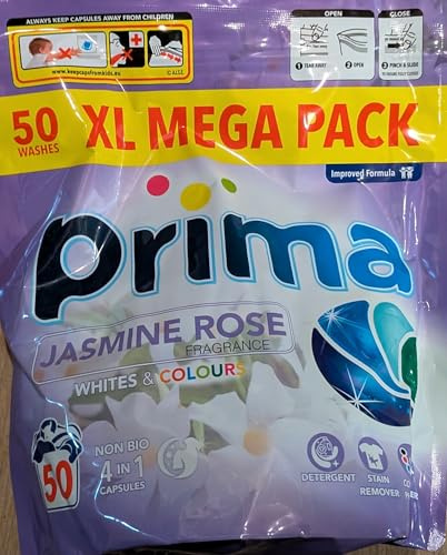 Prima Laundry Detergent Capsules, Jasmine Rose Fragrance, Whites & Colours, 50 Washes, 4 in 1