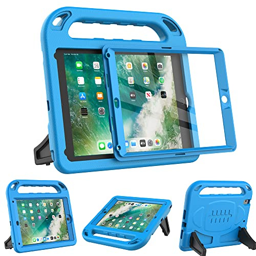 Surom Funda infantil para iPad 9.7 2018/2017 con protector de pantalla integrado, peso ligero, con soporte para niños para iPad 9.7 2017/2018, iPad Air/iPad Air 2/iPad Pro 9.7 – azul | Protector de pantalla integrado, funda ligera a prueba de golpes para niños, mango portátil, soporte estable