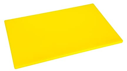 Hygiplas Low Density Antibacterial Chopping Board, Yellow, 450x300x10 mm | Prevents cross-contamination during cooked meat prep with a highly durable, non-toxic, and dishwasher-safe LDPE construction.