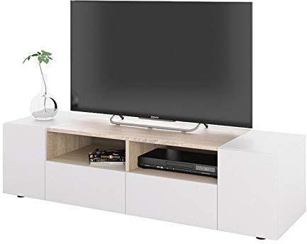 PEGANE Meuble TV décor Blanc et chêne - Dim : L 138 x P 42 x H 34 cm