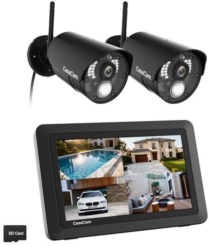 CasaCam GuardianCam Air | Wireless Security Camera System with 7 Touchscreen Monitor and 2 720p Cameras | AC Powered, Two-Way Audio, Free APP, Micro SD Card and Battery Installed, Model VS802