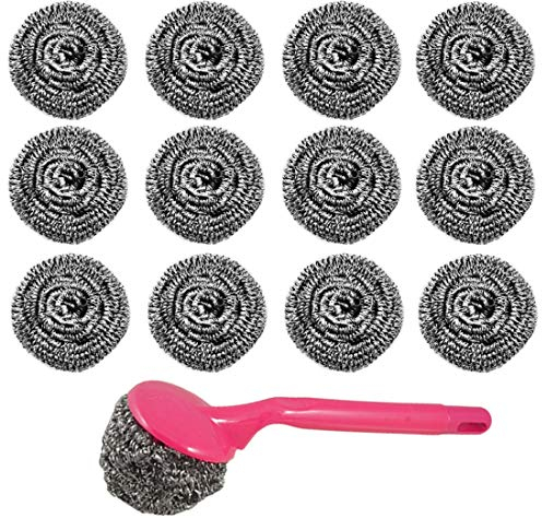 12pcs Stainless Steel Scourer Scrub Pad with Plastic Handle Cleaning Brush Metal Scouring Pad Removes Grease, Oil and Dirt Stains from Pots, Dishes and Bakeware for Household Kitchen Restaurants