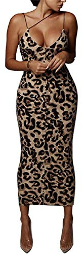PRIMODA Women's Sexy Neon Asymmetrical Spaghetti Strap Dress Deep V-Neck Sleeveless Bodycon Midi Club Dress (Leopard M)