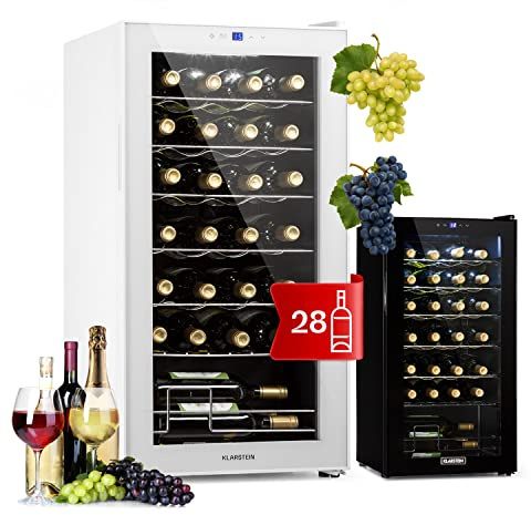 KLARSTEIN Vinoteca para Vinos de 74L Nevera Vino Una Zona, Botellas Vino, Proseco y Cervezas, Vinoteca Pequeña Puerta Cristal para Interior y Exterior, Nevera para Vinos Capacidad 28 Botellas