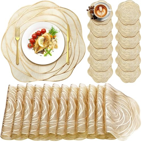 Sieral 12 Set 15 Inch Round Pressed Vinyl Placemats Hollow Out Rose Placemat Set Metallic Slip Resistant Place Mat Coaster Including Place Mats and Coasters for Wedding Dining Kitchen (Gold)
