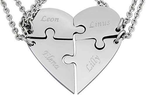 Hanessa 4 Stück Personalisierte Kette mit Gravur Edelstahl 50 cm mit Anhänger Herz Puzzle in silber - Personalisierte BFF Geschenke Freundin Freund Freundschaft - Halskette personalisiert