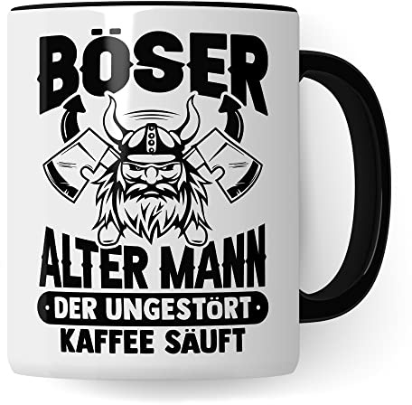 Tasse alter Mann, Böser alter Mann der ungestört Kaffee säuft Kaffee-Becher Geschenk Geschenkidee für alte Männer Papa Opa Kaffeetasse Wikinger-Motiv Tasse mit Spruch lustig (Weiß/Schwarz)