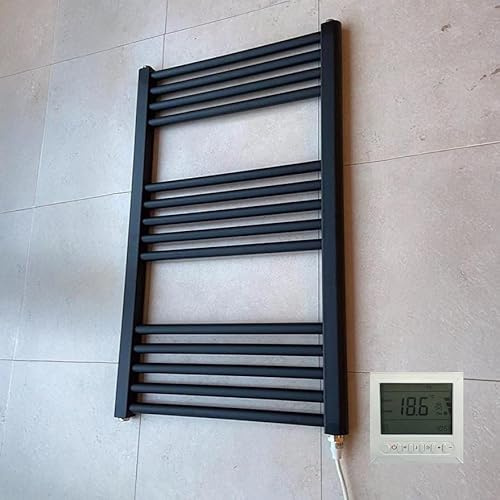 Greened House Black Electric Heated Towel Rail 400mm W x 800mm H + Timer | Includes 7 Day Timer/Thermostat, Flat, Bathroom, Straight, Towel Warmer