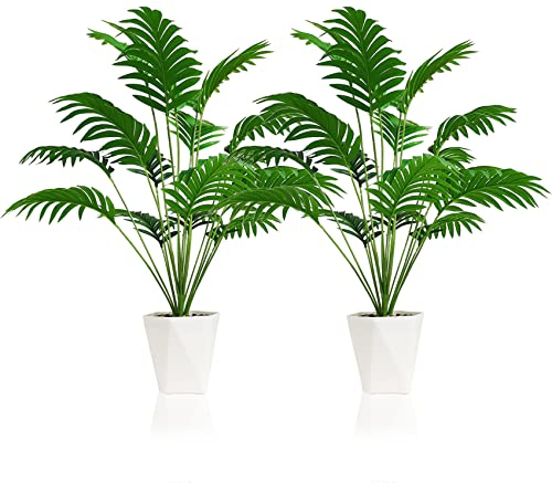 SAJANDAS 2er Set künstliche Areca Palme Pflanzen in Töpfen, 85 cm Kunstpflanzen Tropischen Palmen mit Grünen Blätter und Stämme, Kunstpalme mit Töpfen für Zuhause, Bürodekoration
