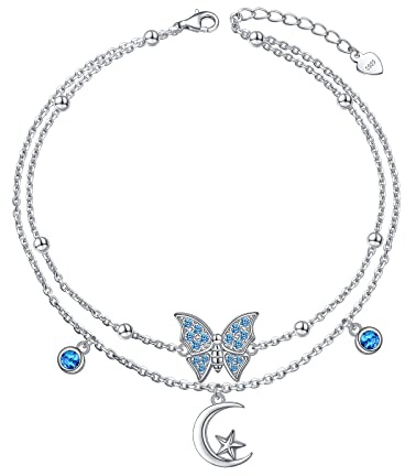 HOOHWE Vristlänk för kvinnor silver 925 justerbar fjäril måne pärla keltisk knut fotkedja flera lager fotkedjor för kvinnor strand dubbelskikt anklets boho-smycken, 9 bis 11 Zoll, Sterlingsilver, Blå