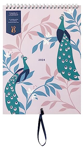 Busy B - Calendario Parejas - Enero a Diciembre 2024 - Peacocks - Planificador anual slim para dos con columnas, bolsillos mensuales y pegatinas