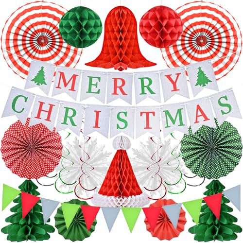 AhfuLife Christmas Decorations Party Banner Set, Reusable Merry Christmas Paper Banner Indoor Decoration for Home, Xmas Bunting Hanging Honeycomb for Xmas Party Decorations