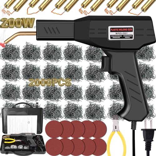 Wrdlosy Soldador de plástico de 200 W, 2000 grapas, 10 piezas de papel de lija, kit de soldadura de plástico, funda de transporte personalizada, reparación de plástico, reparación de parachoques de