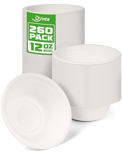 Paper Bowls 260 Packs, 12 OZ Disposable Paper Bowls Heavy Duty, Eco-Friendly White Disposable Hot Soup Bowls Bulk, Compostable Bamboo Bowls 350ml for Party, Camping, Birthday, Festivals