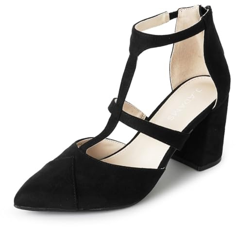 J. Adams Michelle Women's T-Strap Pumps – Chunky Block Heel Pointed Toe T-Strap Shoes for Women, Suede Pumps for Office & Party