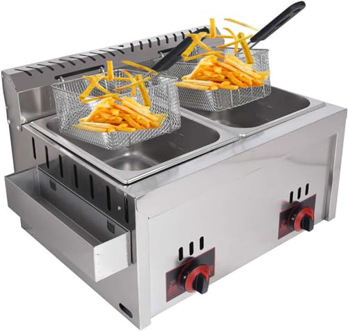 20L Commercial Gas Deep Fryer Stainless Steel | Restaurant Kitchen Frying Machine With Removable Baskets & Lid | Perfect For French Fries, Home & Restaurant Use