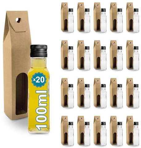 Espirito Rebelde 20 Botellas de Cristal 100 ml con Tapón de Rosca Negro + 20 Cajas – Botellas Pequeñas para Aceite de Oliva, Vinagre, Alcohol, Salsas, Poción Mágica – Muestras