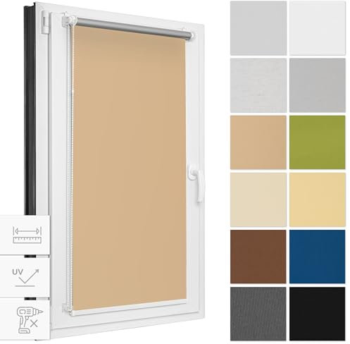 Estika Verdunklungsrollo ohne Bohren, Breite alle 1 cm - 115 cm x 120 cm - Beige - Thermorollo, Rollos für Fenster ohne Bohren, Sonnenschutz Fenster innen