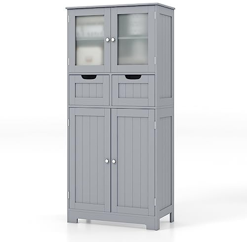 FANTASK Badkommode mit 2 Schubladen und 4 Türen, Badezimmerschrank mit verstellbaren Regalen, Badschrank Aufbewahrungsschrank für Badezimmer, Küche, Wohnzimmer (Grau)