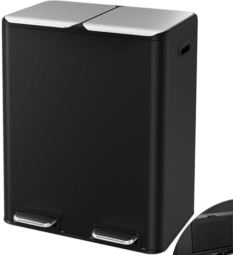 Arlopu 16Gal Dual Trash Can w/2 Built-in Box for Odor Control, Hands-Free Kitchen Garbage Bin, Recycle Waste Dustbin, Soft-Close Lid, 2 Buckets,Foot Pedal, Side Handle, Airtight,for Home (Black)