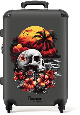 NoBoringSuitcases.com® Reisekoffer 67cm 72L Reisetasche - Großer Hartschalenkoffer mit Rollen, Leichtgewicht Trolley, Koffer Groß für 20kg Gepäck mit Totenkopf - Grau, Koffer für Flugzeug