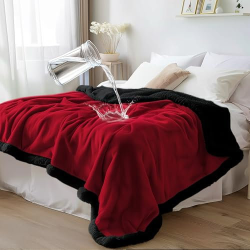 Bedding Aid Manta impermeable tamaño Queen: forro polar acogedor de doble cara, sin desorden, a prueba de fugas, a prueba de manchas y resistente al agua, manta sherpa de doble cara (rojo terciopelo