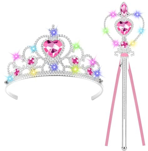 AOOTE Princess Dress Up Accessories Set with Crown and Wand, Fairy Wand Set for Birthday Party Cosplay Favors Role Play Toys (Pink)