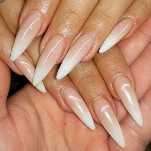 Long Stiletto Press On Nails - Gradient White Nude Pink Fake Nail Almond - Glossy Reusable French Tip False Nails With Glue - Full Cover Stick On Nails For Women DIY Manicure Decoration
