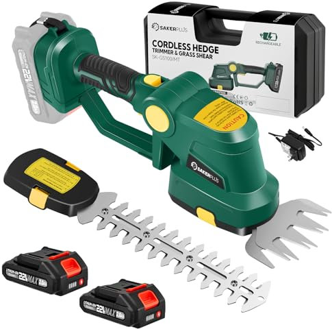 SakerPlus Rechargeable 2-in-1 Hedge and Grass Trimmer, 22V Lightweight Cordless Shrub Cutter with Adjustable Head, Battery and Charger Included – Ideal for Lawn and Garden Work