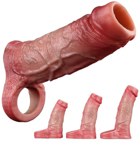Jomyu Flüssigsilikon Realistische Penishülle mit Hodenring und Venenstruktur Penismanschetten Cock Sleeve für Penisvergrößerung und Zeit Verlängern Penis Sleeve Sexspielzeug für Männer (Hautfarbe,L)
