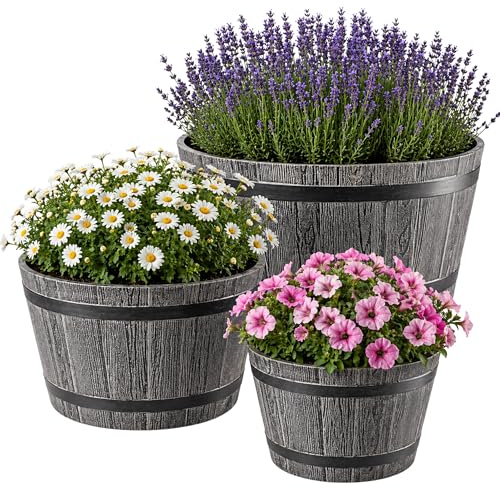KADAX Set med 3 växtkrukor i träfatsdesign, Ø 30 cm + 40 cm + 50 cm, i väderbeständig plast, för trädgård, terrass och balkong, dekorativ blomkruka, mörkgrå, damm med vattenhink