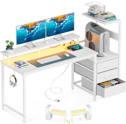 AODK 52 Inch Gaming Desk with USB Charging Ports & LED Light- Reversible Computer Desk with Storage Shelves & Monitor Stand, Modern Gamer Desk Table with Fabric Drawers, White