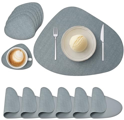 Tovagliette Americane e Sottobicchieri, Tovagliette Americana Lavabili Rotonde in Pelle PU, Tovagliette Plastica Non-scivolose Impermeabile (Set di 6, Blu)