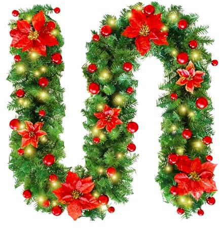2.7M/ 9FT Christmas Garland with Lights, Xmas Garland Decorations for Fireplace Stairs Door Bannister Window, Pre Lit Garland with LED Lights, Red Flower and Red Berries